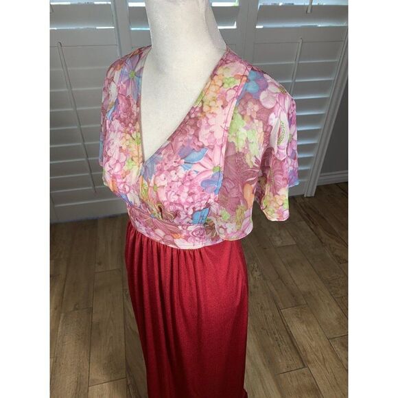 Vtg 70s Roberta California Red Pink Chiffon Floral Maxi Dress S 5 Boho Hippie - Picture 12 of 12